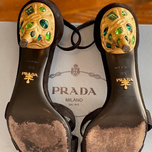 PRADA Black Suede Ankle Strap Sandals Metal Sculptural Gold Heel with Emeralds - Picture 7 of 16